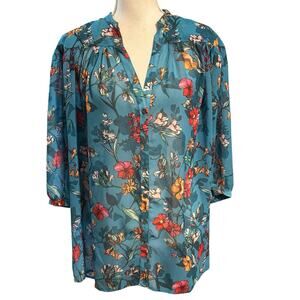 Wayward Fancies by eShakti Plus Size 3X Sheer Floral Blouse Button Up Blue